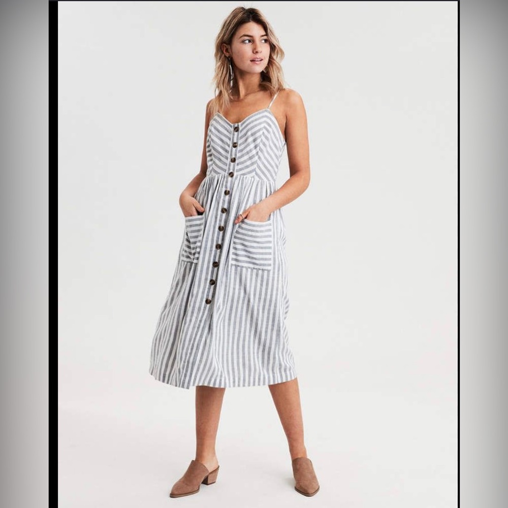 American Eagle Striped Button Front Midi Dress